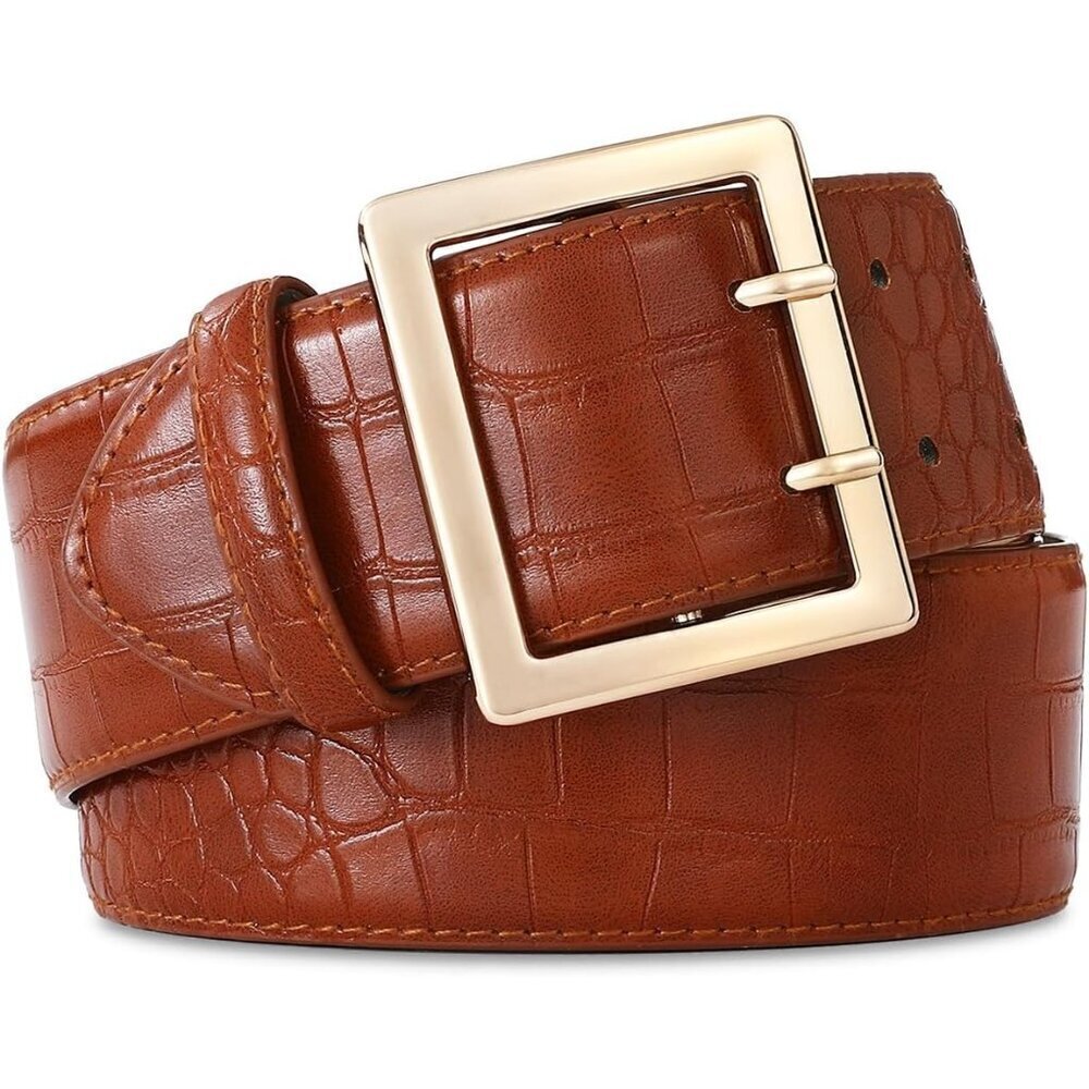 🆕 Women Leather Wide Fashion Thick Dress Belt With Gold Buckle Belt Brown Gold